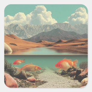 Surrealistische woestijn en meer met goudvissen vierkante sticker