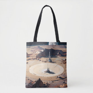 Surrealistische woestijnoase met sci-fi structuur tote bag