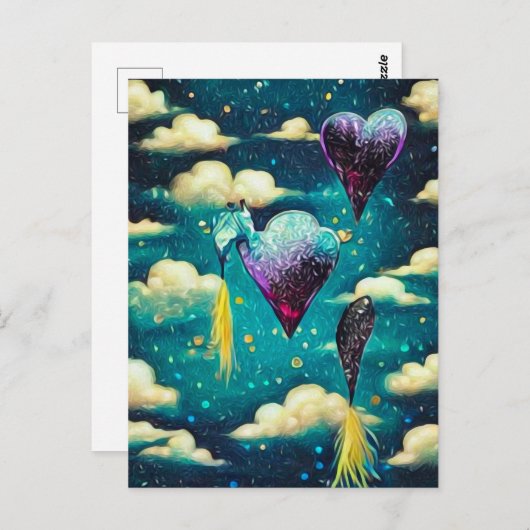Surrealistische wolken en hartballonnen briefkaart (Voorkant / Achterkant)