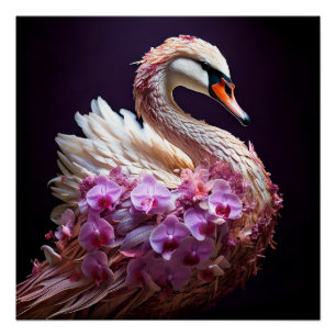 Surrealistische zwaan met orchideeën perfect poster