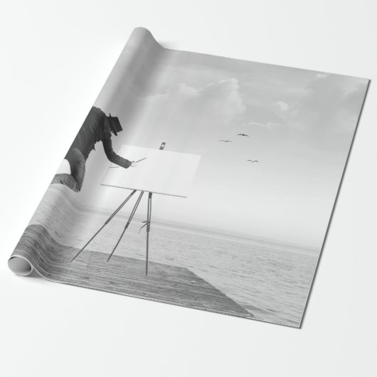 surrealistische zwart - witte kunstschilder die op cadeaupapier (Uitgerold)