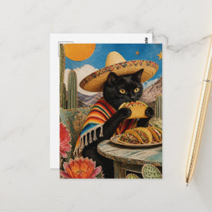 Surrealistische zwarte kat die taco's eet collage briefkaart