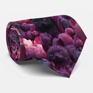 Surrealistische Zwarte Kat en Roze Pioen Bloemmoti Stropdas