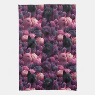 Surrealistische Zwarte Kat en Roze Pioen Bloemmoti Theedoek