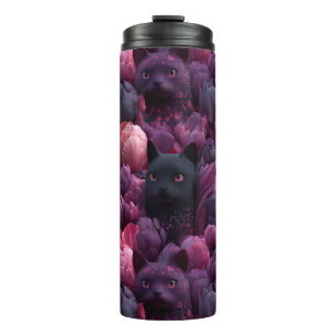 Surrealistische Zwarte Kat en Roze Pioen Bloemmoti Thermosbeker