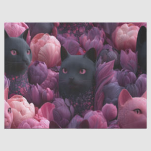 Surrealistische Zwarte Kat en Roze Pioen Bloemmoti Tissuepapier