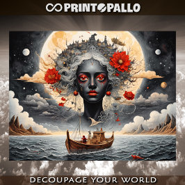 Surrealistische zwarte vrouw droomt van zee en maa tissuepapier