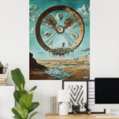 Surrealistische zwevende cirkelstructuur met Abstr Poster (Thuiskantoor)