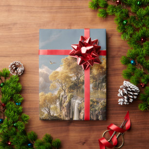 Surrealistische zwevende eilanden met gouden bomen cadeaupapier
