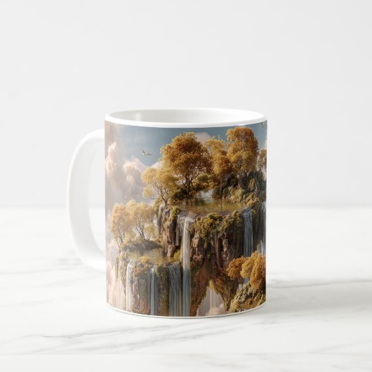 Surrealistische zwevende eilanden met gouden bomen koffiemok (Voorkant links)