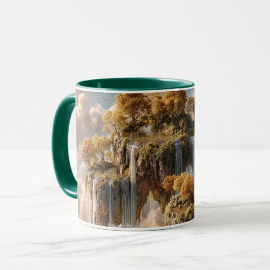 Surrealistische zwevende eilanden met gouden bomen mok (Voorkant links)