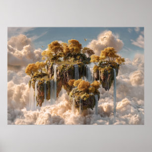 Surrealistische zwevende eilanden met gouden bomen poster