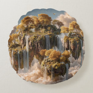 Surrealistische zwevende eilanden met gouden bomen rond kussen