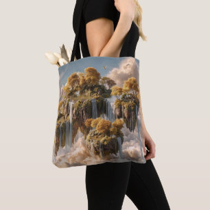 Surrealistische zwevende eilanden met gouden bomen tote bag