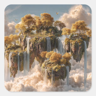 Surrealistische zwevende eilanden met gouden bomen vierkante sticker