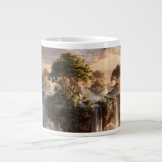Surrealistische zwevende eilanden met watervallen grote koffiekop (Voorkant)