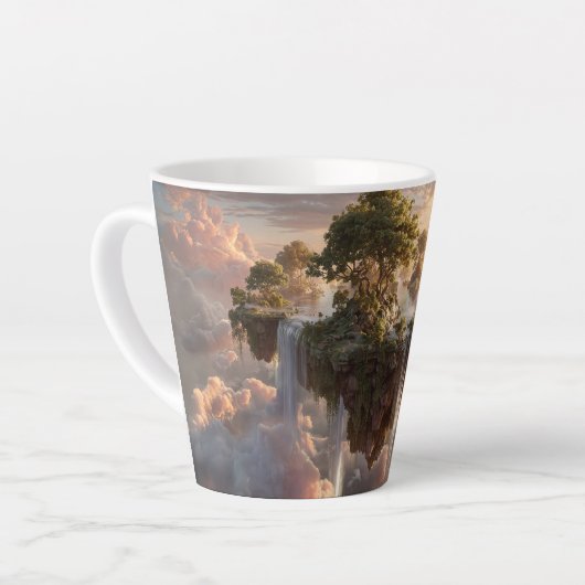 Surrealistische zwevende eilanden met watervallen latte mok (Linkerhoek)