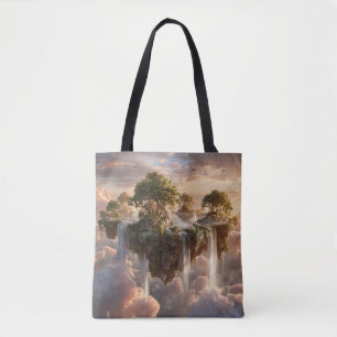 Surrealistische zwevende eilanden met watervallen tote bag