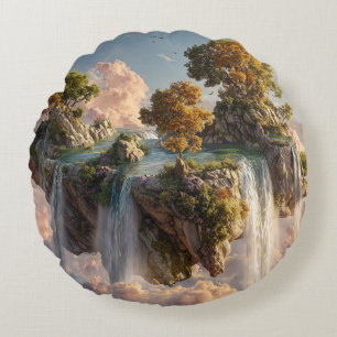 Surrealistische zwevende kliffen met watervallen rond kussen