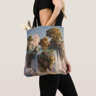 Surrealistische zwevende kliffen met watervallen tote bag