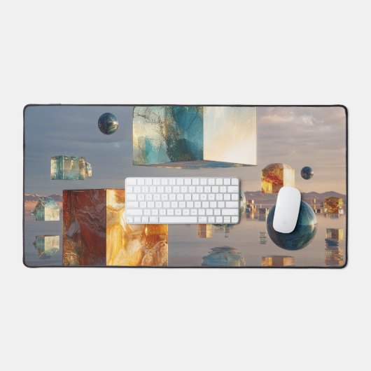 Surrealistische zwevende kubussen en bollen bureaumat (Keyboard & Muis)