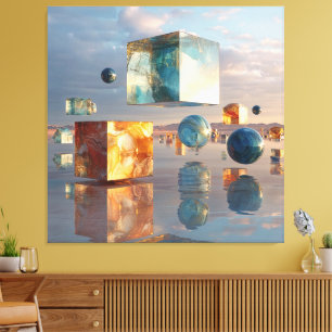 Surrealistische zwevende kubussen en bollen canvas afdruk