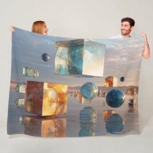 Surrealistische zwevende kubussen en bollen fleece deken