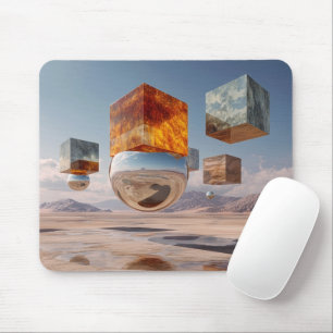 Surrealistische zwevende kubussen en reflecterende muismat