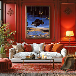 Surrealistische zwevende piano met muzieknoten poster