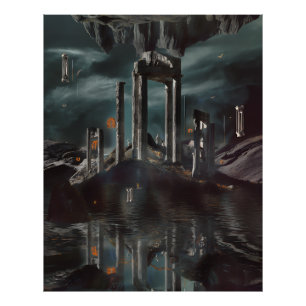 Surrealistische zwevende ruïnes Obsidiaanmeer Foto Afdruk