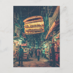 Surrealistische zwevende sandwich boven een straat briefkaart