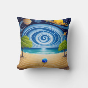 Surreel strandtafereel met planeten, dwarrelende l kussen
