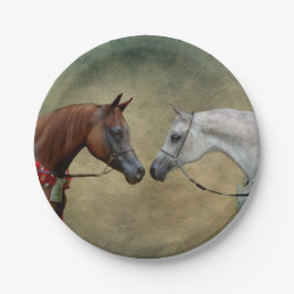 Surreus twee paarden schilderen. papieren bordje