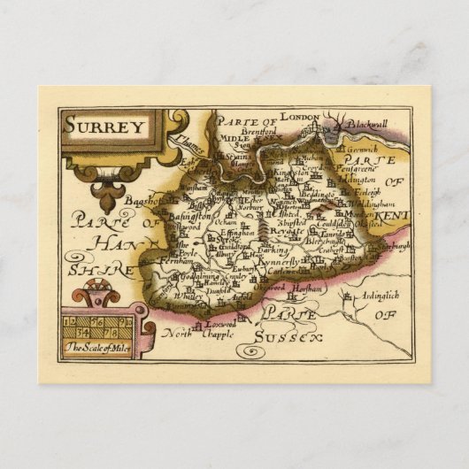 Surrey County Engeland Oude antiquarische atlas ka Briefkaart (Voorkant)