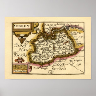 Surrey County Engeland Oude antiquarische atlas ka Poster