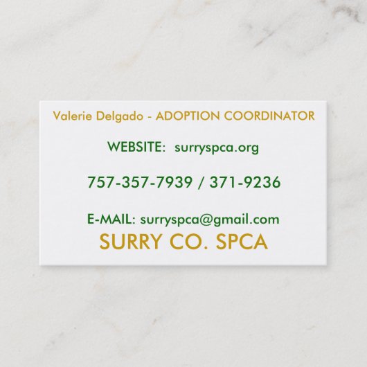 SURRY CO. SPCA, Valerie Delgado - ADOPTION COOR.. Visitekaartje (Voorkant)