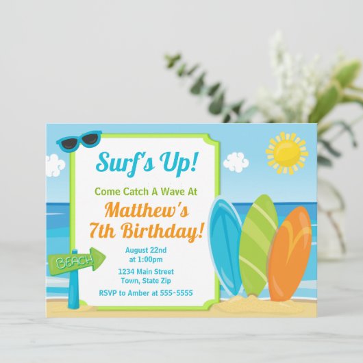 Surven Board Verjaardag Uitnodiging Surven Beach P (Staand voorkant)
