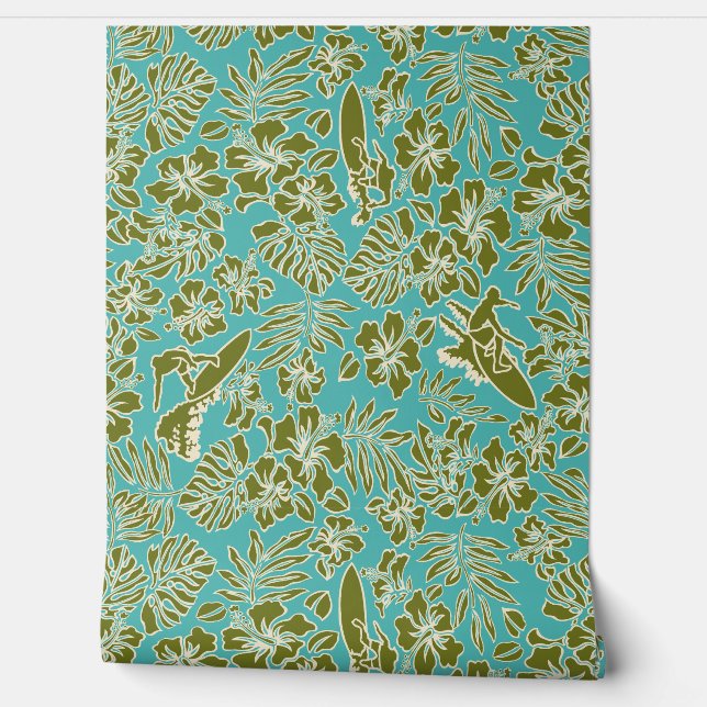 Surven Pareau Hawaiian Hibiscus Surfing Turq Behang (Afrollen)