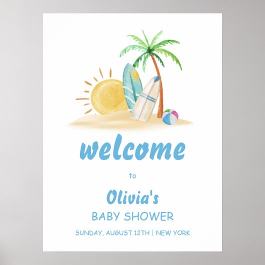 Surven Sunshine Beach Palm Tree Baby shower Welkom Poster (Voorkant)