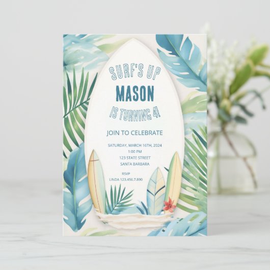 Surven Verjaardagsfeestuitnodiging in blauw Kaart (Staand voorkant)