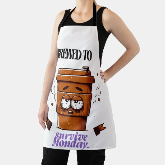 "Survive Monday. BREWED to…" Coffee Mug – Fun Desi Schort (Insitu)