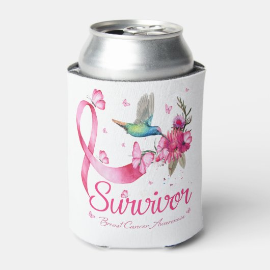 Survivor Hummingbird Ribbon Breast Cancer Blikjeskoeler (Blikje Voorkant)