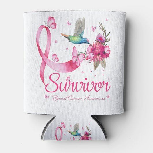 Survivor Hummingbird Ribbon Breast Cancer Blikjeskoeler (Voorkant)