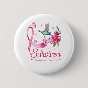 Survivor Hummingbird Ribbon Breast Cancer Ronde Button 5,7 Cm