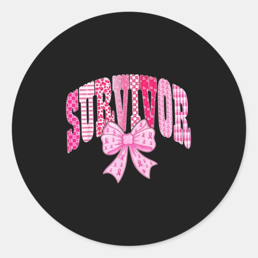 Survivor Pink Ribbon Coquette Bow Breast Cancer Aw Ronde Sticker (Voorkant)