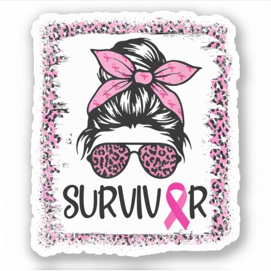 Survivor Warrior Messy Bun Hair Pink Breast Cancer Sticker (Voorkant)