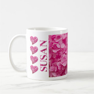 "Susan" Roze Hortensia Bloemen Lettering & Harten Koffiemok