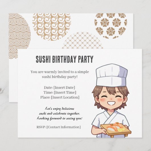 Sushi Birthday Party Invitation with Cute Anime  Kaart (Voorkant / Achterkant)