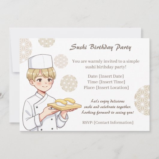 Sushi Birthday Party Invitation with Cute Anime  Kaart (Voorkant)