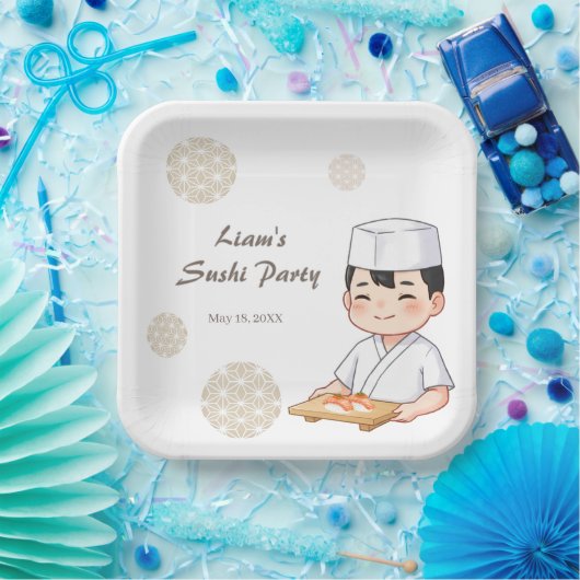 Sushi Birthday Party Invitation with Cute Anime  Papieren Bordje (Feest)